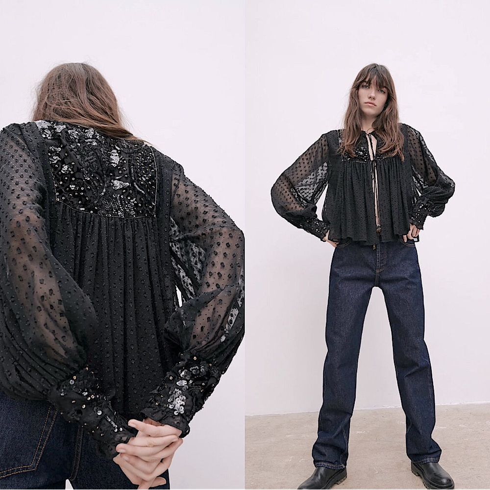 Zara Black Tasseled Plumetis Dotted Mesh Jacket With Sequins. Size XS.